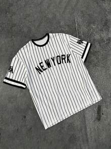 Plus Size Men's Printed Crew Neck T-Shirt, New York Striped Baseball Style, Crew Neck Short Sleeve T-Shirt - White - View 4