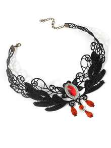1 pieza Collar corto tipo gargantilla de cadena para clavícula para mujer, estilo gótico vintage, con encaje, rubí y borla, personalizado - Multicolor - Ver 3