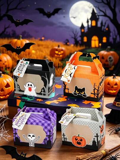 4pcs Halloween Candy Box Gift Set, With Transparent Window, 4 Unique Designs (Pumpkin, Bat, Haunted House, Cat Pattern), Suitable For Halloween Theme Party, Trick Or Treat Activity, Halloween Surprise Party Decoration, Halloween Gift Packaging, Perfect Halloween Supplies