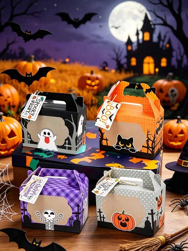 4pcs Halloween Candy Box Gift Set, With Transparent Window, 4 Unique Designs (Pumpkin, Bat, Haunted House, Cat Pattern), Suitable For Halloween Theme Party, Trick Or Treat Activity, Halloween Surprise Party Decoration, Halloween Gift Packaging, Perfect Halloween Supplies