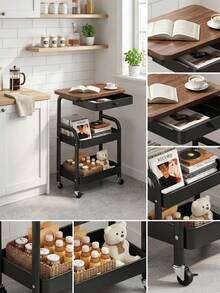 3-Tier Rolling Kitchen Cart, Storage Rack, Multi-Functional Metal Storage Shelf, Snack Rack, Portable Wheels, Suitable For Home Or Office Use, Office Storage And Organization Rolling Cart, Kitchen Cart - Multicolor - View 3