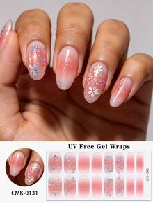 16 Peças Adesivos de Unhas em Gel Floral a Laser Sem UV, Envoltórios de Unhas em Gel Autoadesivos com Glitter Degradê Doce de Verão, Sem Danos UV, Fácil de Aplicar, Adequado para Manicure DIY de Férias e Festas de Mulheres - Rosa chiclete - Visão 8