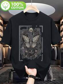 Camiseta Retro Gótica para Hombre - Hecha en China, Camiseta Gráfica Negra de Arte Oscuro con Motivos de Mariposas y Flores, Manga Corta, Cuello Redondo, Estilo Casual, Adecuada para Moda Em - Negro - Ver 2