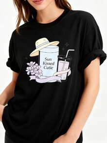 Camiseta negra manga corta sombrero y bebida fría Sun Kissed Cutie, corte holgado algodón estilo vacacional dulce diario - Negro - Ver 1