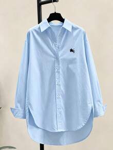 Women's Fashion New Knight Embroidery Button Shirt Spring - Light Wash - View 3