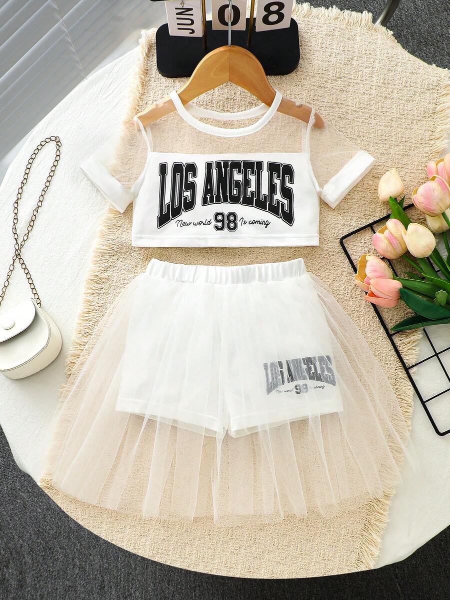 女嬰「LOS ANGELES」印花與薄紗甜美夢幻街頭風時尚兩件套,適合春夏女嬰表演、拍照或日常穿搭 - 白色 - 查看 1