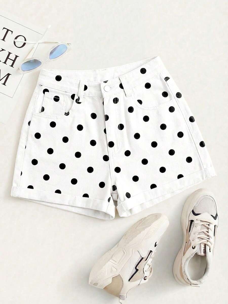 Summer Rolled-Up High-Waisted Denim Shorts - Beige - View 1