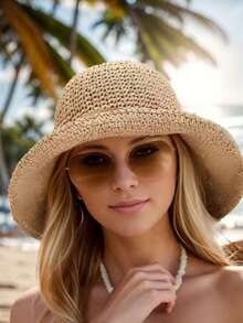 1pc Straw Bucket Hat, Wide Brim Sun Hat, Foldable Beach Hat, Women's Summer Sun Protection Hat - Khaki - View 2