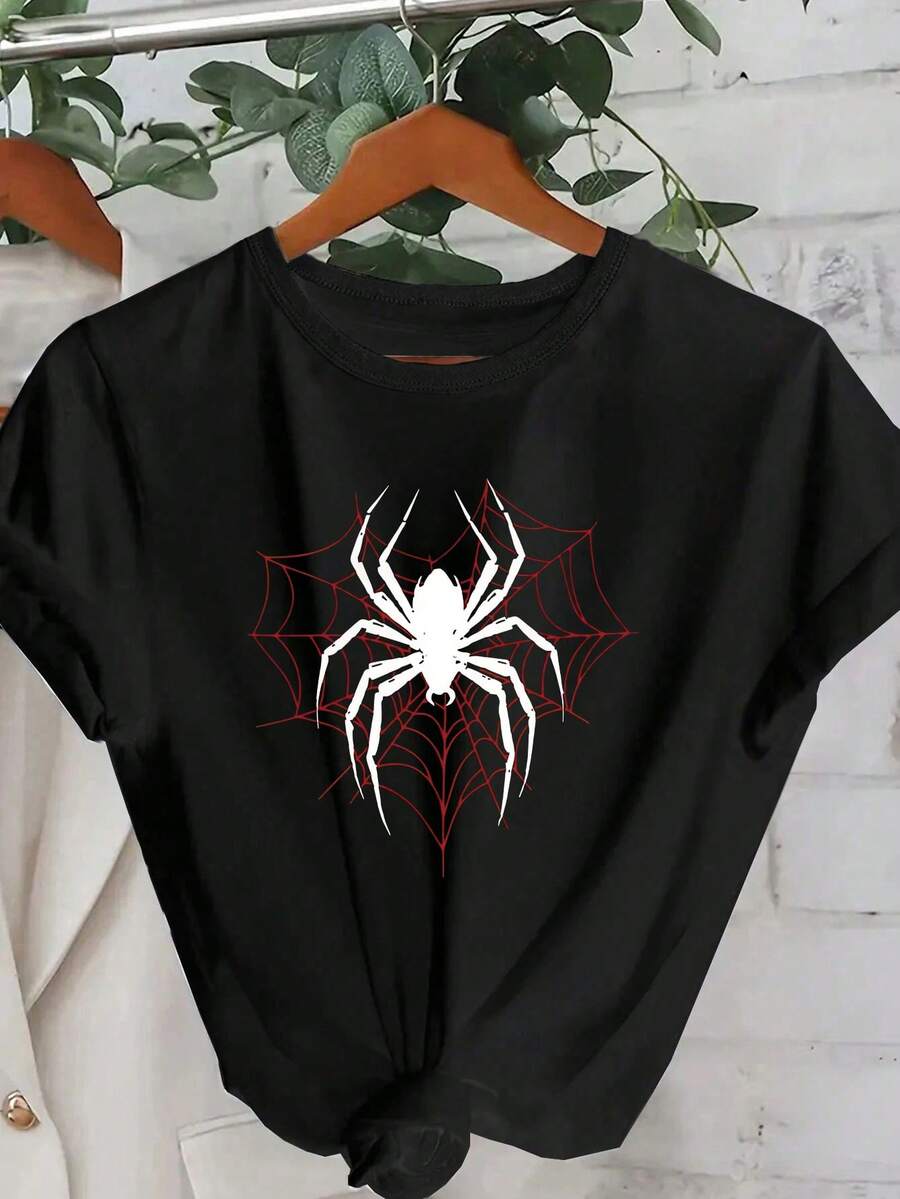 Plus Size Women's Cool Spider Print Crew Neck Short Sleeve Casual Spring/Summer/Fall T-Shirt Top For Summer Holiday - Black - View 1