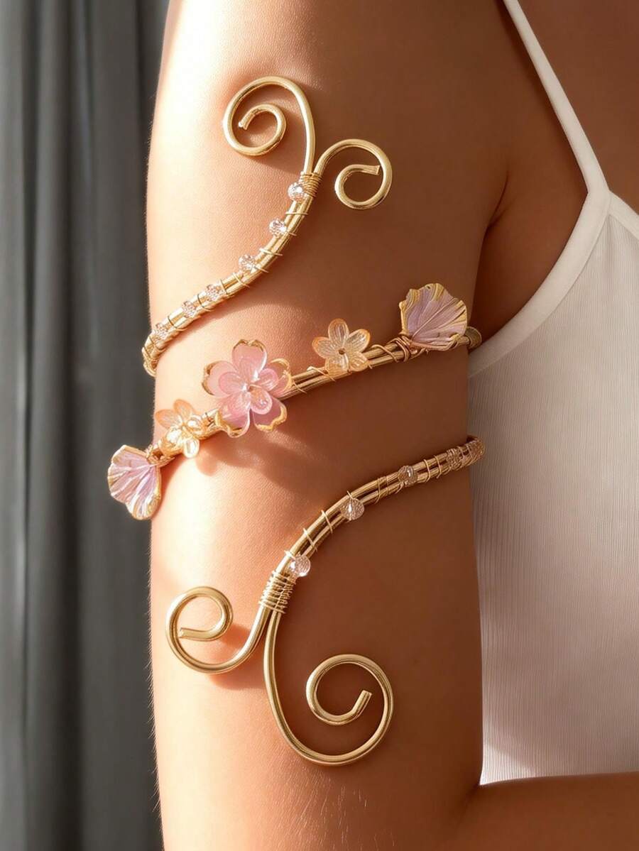1pc Adjustable Open Gold Upper Arm Cuff With Pink Flower And Crystal Inlaid Floral Spiral Arm Ring, Suitable For Women's Wedding Beach Party Wear - Multicolor - View 1