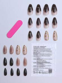 24 piezas de uñas postizas de forma de almendra larga en caja de regalo, con detalles en dorado claro, rosa, rayas, cuentas de acero pequeñas, marrón y borde francés, un ambiente de regalo versátil y portátil con uñas falsas, un trozo de tira de frotamiento y un trozo de suministros para uñas - Multicolor - Ver 2