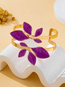 1pc Women's Fashion Bracelet, Minimalist Elegant Adjustable Leaf-Shaped Enamel Open Cuff Bracelet, Suitable For Daily Wear, Vacation And Gifting - Purple - View 3