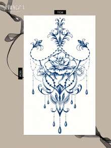 1pc Artistic Floral Chain Print Herbal Semi-Permanent Waterproof Temporary Tattoo Sticker, Disposable Fake Tattoo Sticker For Hand And Upper Arm, Waterproof And Sweat-Resistant Lasting 7-14 Days - Blue - View 4