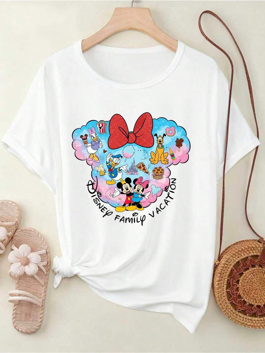 DISNEY Women's & Mickey Mouse T-Shirt - Mickey & Print Short-Sleeve Round-Neck Top, Breathable Casual Blouse Suitable For Outdoor, Everyday Wear, Theme Parties, Machine Washable With Mickey Ears. - 白色 - 查看 1
