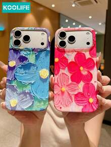 KOOLIFE 1pc Blue Purple Floral Oil Painting Phone Case, Abstract Art Flower Print, PC+TPU Anti-Drop Protective Cover, Vintage Boho Aesthetic, Full Camera Protection Case Compatible With Apple 17/17pro/17promax/17Air/16/15/14/13 - Blue Oil Painting Flowers - View 9