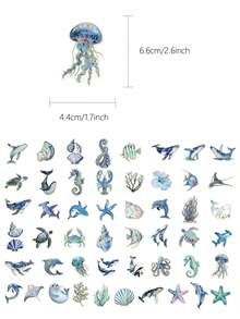 50pcs Marine Life Stickers Waterproof Transparent Stickers For Water Bottle, Notebook, Guitar, Refrigerator, Luggage, Scrapbook, Phone Case, Desktop, Wall, Room Decor, Home Decor, Suitable For Birthday Gift, Holiday Party Gift - 50pcs - View 2