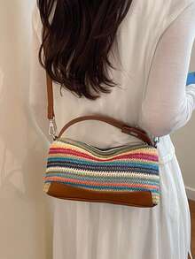 BAILEE Leisure Travel Woven Color-Blocked Shoulder Bag With PU Handle And Weaving Design. Perfect For Beachwear And Gift-Giving. - Multicolor - View 8
