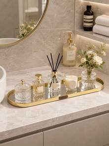 Luxury Gold Mirror Glass Vanity Tray, Nordic Aluminum Alloy Frame Storage Tray, Suitable For Perfume, Jewelry, Skincare, Cosmetics, Bathroom And Vanity Decor - Multicolor - View 1