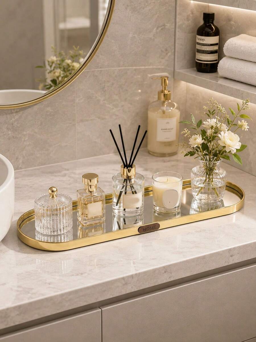 Luxury Gold Mirror Glass Vanity Tray, Nordic Aluminum Alloy Frame Storage Tray, Suitable For Perfume, Jewelry, Skincare, Cosmetics, Bathroom And Vanity Decor - Multicolor - View 1