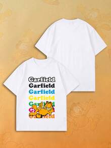 SHEIN | Garfield 女款復古像素卡通與多色字母印花圓領T恤，休閒寬鬆街頭風短袖上衣，夏季日常穿搭 - 白色 - 查看 7