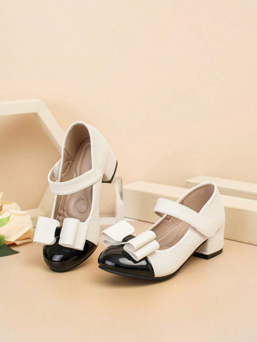 1 Pair Solid Color Fashion Round Toe Girls' Dance Shoes High Heel Pumps, Mirror Material Toe Design With Bow And Flower Decoration, Elegant Princess Shoes Suitable For Performance, Wedding, Outdoor Casual, All Seasons - Black - View 1