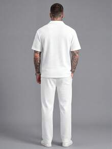 Men's Waffle Texture Turn-Down Collar Half-Zip Short Sleeve Polo & Drawstring Straight Leg Pants 2-Piece Set, Fashion Casual Everyday - White - View 7