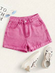 Summer Rolled-Up High-Waisted Denim Shorts - Burgundy - View 1
