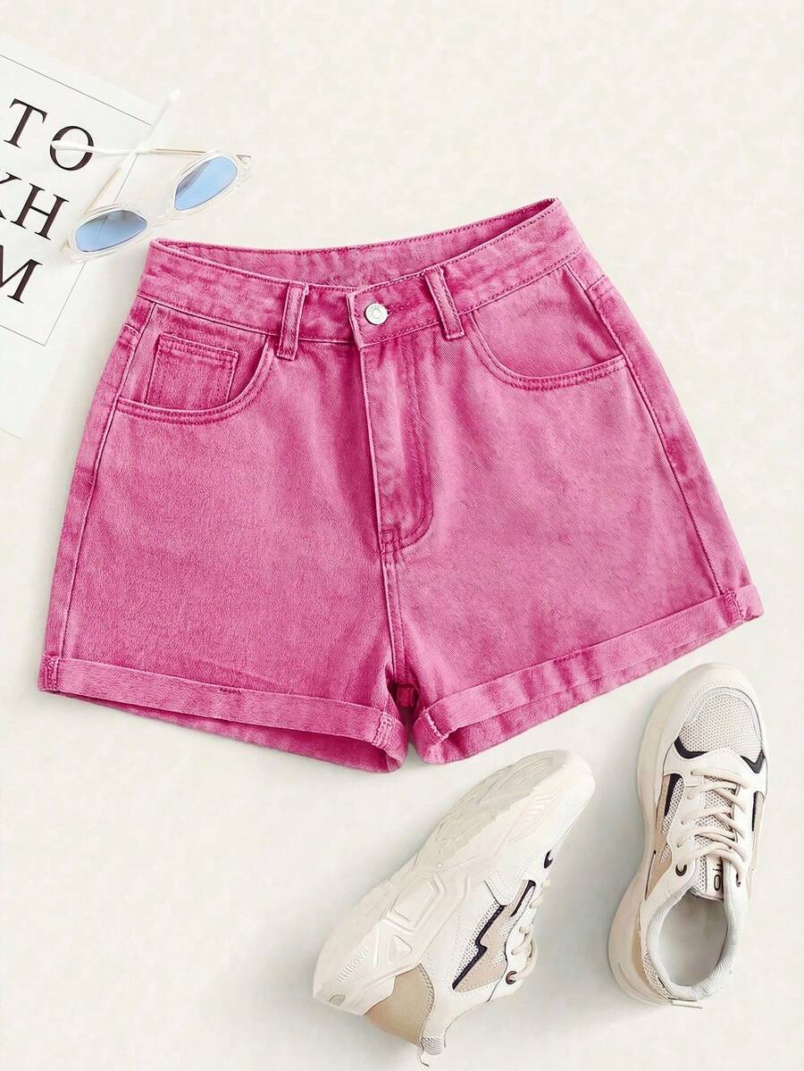 Summer Rolled-Up High-Waisted Denim Shorts - Burgundy - View 1