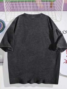 Kaos Pria Ukuran Besar "Livin' Simply" Vintage Washed, Kaos dengan Cetakan Grafis Matahari dan Bulan - Hitam - View 2