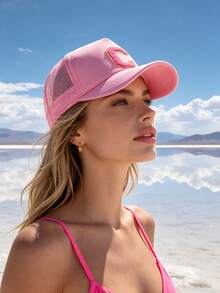 1 pieza Gorra de béisbol de malla personalizada unisex con 26 letras, gorra de camionero transpirable y ajustable, para verano, playa, golf, correr y uso diario - Rosa - Ver 3