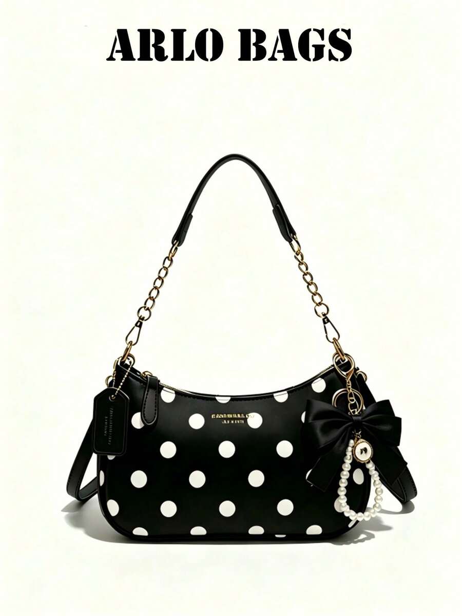 Black And White Polka Dot Shoulder Bag With Gold Chain, Bow And Pearl Pendant, Elegant Party And Bridal Clutch, Essential For Spring/Summer Brides And Formal Event Attendees, Perfect For Weddings, Dinners, Formal Events And Cocktail Parties - Black - View 1