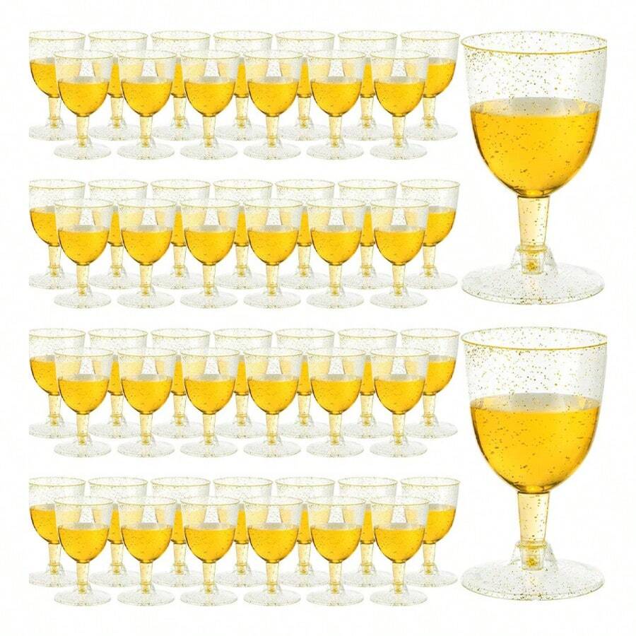 50 Pcs Disposable Clear Plastic Wine Glasses 5oz / 150ml, Gold Glitter Champagne Goblets Cocktail Cups For Weddings Birthday Bridal Shower Halloween Thanksgiving Christmas Party Outdoor Gatherings - 金色 - 查看 1