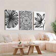 3pcs Modern Black & White Vertical Botanical Floral Wall Art - Vertical Canvas Paintings With Wrap-Around Wood Frame, Monochrome Plant Decor Suitable For Living Room, Bedroom, - Vertical Wall Decor - Framed - View 3