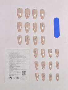 VV MEI JIA ER 24片長杏仁形淡粉色貓眼美甲貼，附3D銀線，法式拼接設計，完美貼合，壓克力假指甲套組，含1片果凍膠與1片指甲锉，貓眼法式杏仁拼接美甲，適合女性日常工作與度假派對 - 彩色 - 查看 4