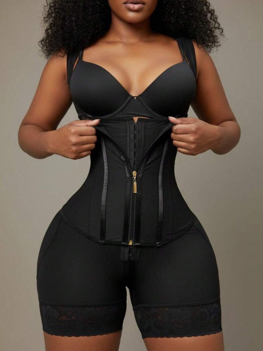 Faja Colombiana Pecho Abierto Control Abdomen.Body Levanta Glúteos con Cremallera y Sujeción. - Negro - Ver 1