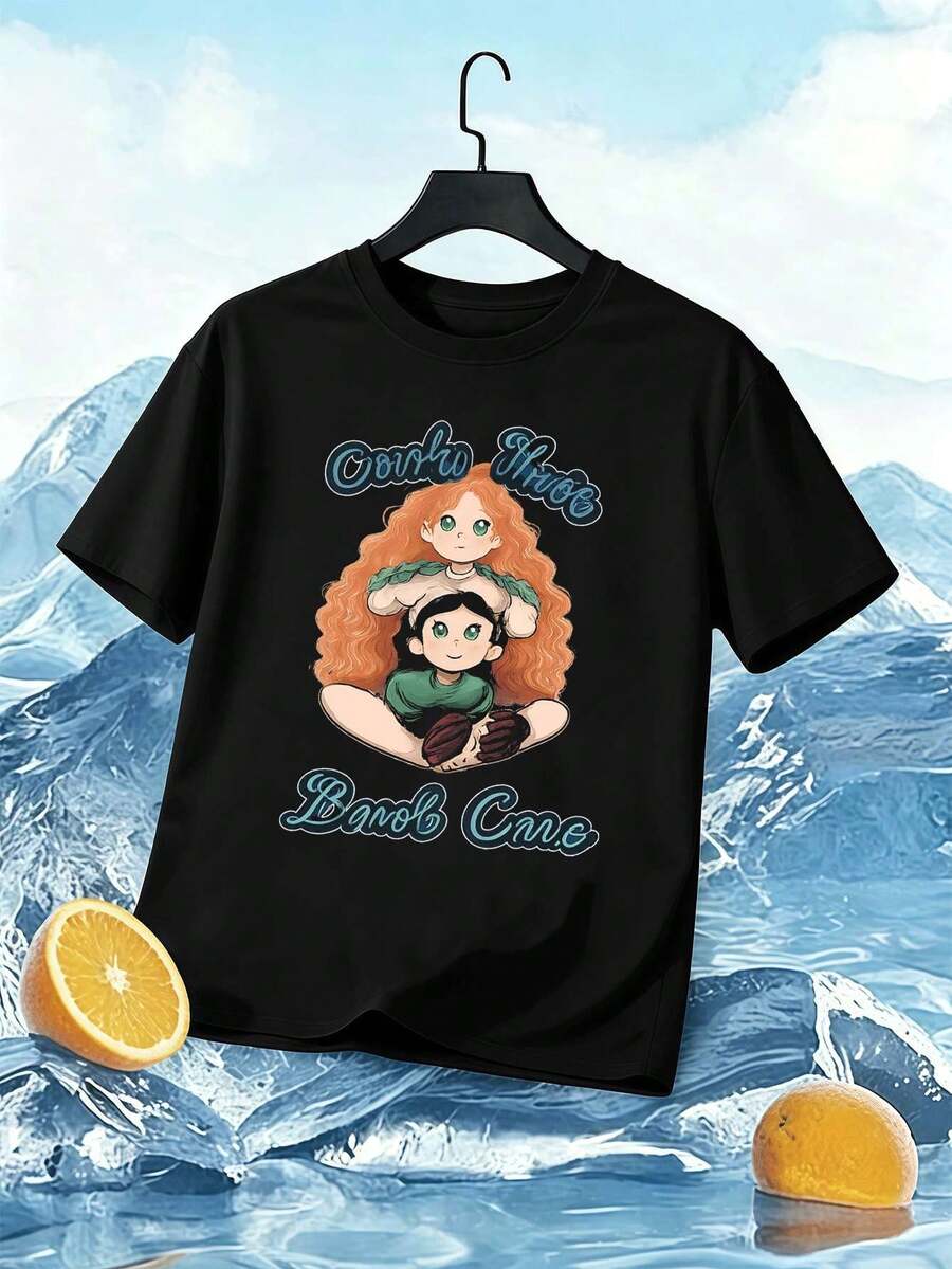 Schwarzes Herren-T-Shirt Mit Cartoon-Grafik Aus Cheicher Baumwolle, Einzigartiger Grafikdruck, L?Ssig, Atmungsaktiv - Black - View 1