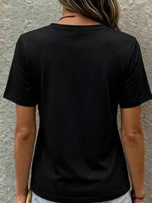 純棉布料 100% 棉 女款 T 恤上衣 黑色短袖 V 領 春夏休閒款 - 黑色 - 查看 6