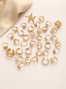 Random Style 7/12pcs Simple Fashion Old Money Style Marine Life Heart Flower Oil Drop Geometric Irregular Stacked Rings Set For Women Sisters Summer Vacation Date Gift Daily Casual Party Wedding Matching - Multicolor - View 4