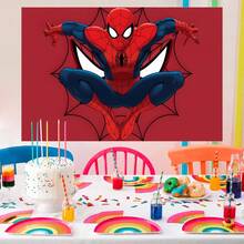 1 Conjunto Autorizado de Decoração de Festa com Tema de Super-Herói de Desenho Animado, Painel de Bottom (210*150/150*100/100*75cm) Bottom Vermelho com Teia de Aranha, Painel de Fotografia Legal com Salto, Decoração de Parede para Festa de Recém-Nascido, Festa de Aniversário, Bottom para Transmissão ao Vivo, Decoração de Estúdio de Fotografia, Adereço - Multicolorido - Visão 2