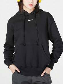 Nike Sportswear Phoenix Fleece Kangaroo Pocket Brand Logo Comfortable Print Solid Color Hooded Pullover Long Sleeve Sweatshirt for Women - Hitam - View 1