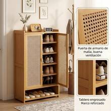 Wooden Shoe Rack With 2 Doors And 7 Shelves, Bamboo And Rattan Shoe Organizer For Hallway, Compact Shoe Rack For Small Spaces (60x32x93 Cm) - Black - View 4