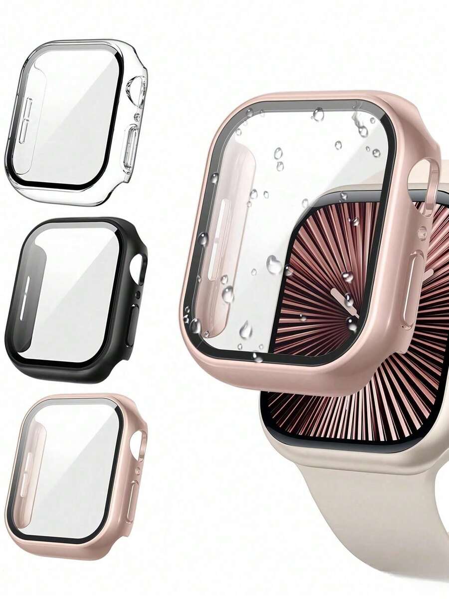 2026 Pack3 3-In-1 PC Case Tempered Glass Watch Series 4-11, Slim Transparent Protector Black Rose Gold - Transparent+Black+Rose Gold - View 1