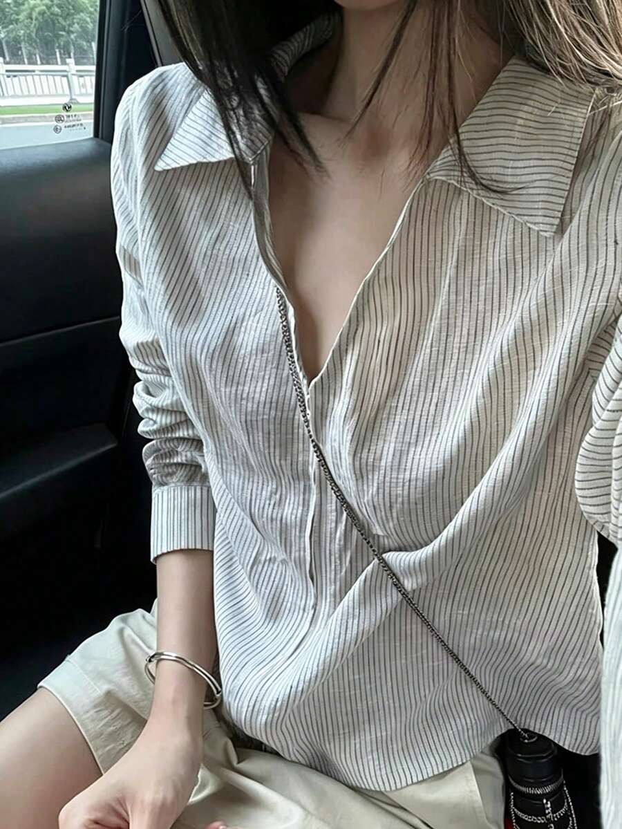 Korean Style Striped Collared Sun Protection Long Sleeve Shirt Tops For Women, Versatile Summer Blouse (Random Stripes) - Stripe - View 1