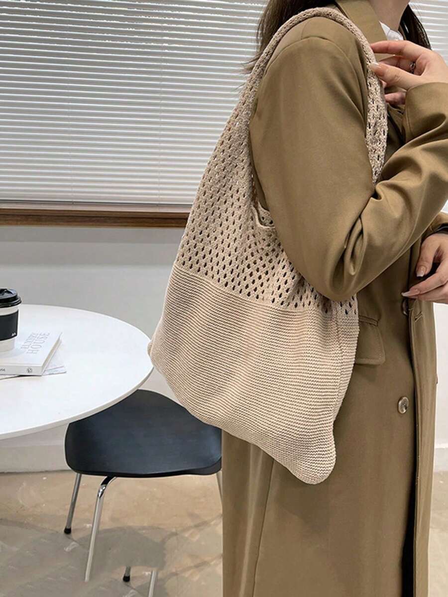 Hollow Woven Straw Bag, Bohemian Style Beach Bag, Large Capacity Beach Bag, Hollow Woven Beach Shopping Bag, Bohemian Style Beach Bag, Large Bag - 卡其色 - 查看 1