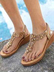 Women's Summer 2026 Crystal Water Drops Evening Slip-On Wedge Heel Round Toe Strappy Sandals - Gold - View 2
