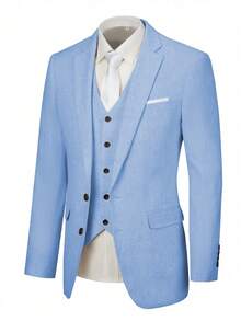 Men's 3-Piece Linen Elegant Suit, Solid Color Slim Fit Business Single-Breasted Wedding Jacket Vest Pants Set, Old Money Style, Suitable For Balls And Parties - Baby Blue - View 6