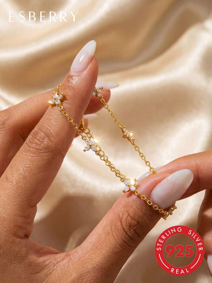 1pc 925 Sterling Silver Multi-Functional Elegant Floral Pattern Rhinestone Studded Women's Bracelet, Perfect For Party, Birthday And Valentine's Day Wear - Five-flower Diamond Bracelet - View 1