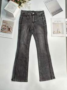 Women's Casual Elegant Flare Long Denim Jeans With Zipper Detail And Medium Stretch, Creating A Fashionable Grunge Look - Dark Grey - View 6
