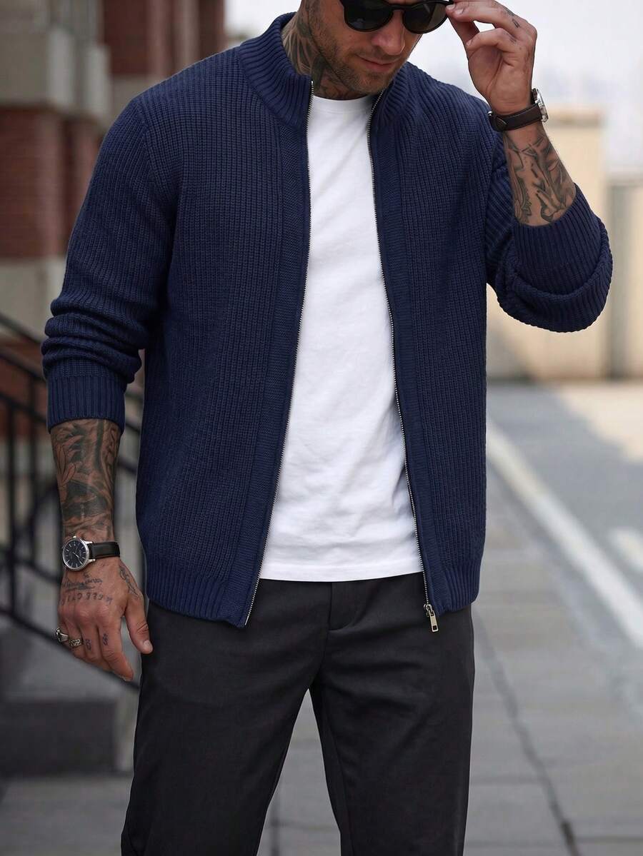 Men's Navy Blue Zip-Up Stand Collar Knit Cardigan, Textured Ribbed Design, Minimalist Old Money Style, Casual Commuter Sweater For Autumn/Winter - Navy Blue - View 1