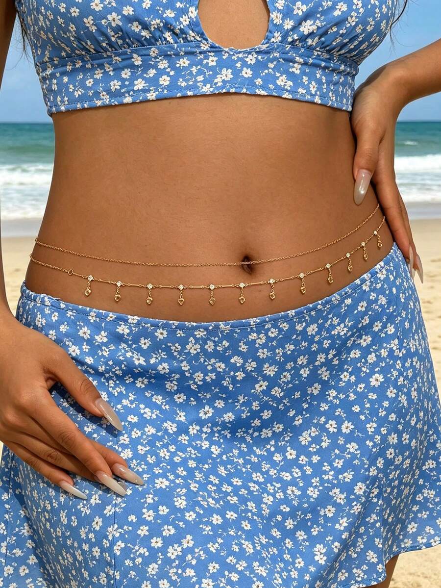 2件組極簡休閒款水鑽流蘇金色腰鍊,優雅百搭雙層可疊戴女款身體鍊,適合日常穿著、約會、派對與度假 - 彩色 - 查看 1